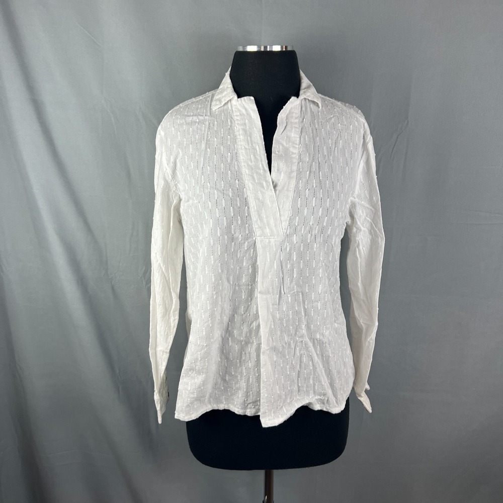 4our Dreamers Blouse Top Womens Medium White Textured Striped Split Neck Casual
